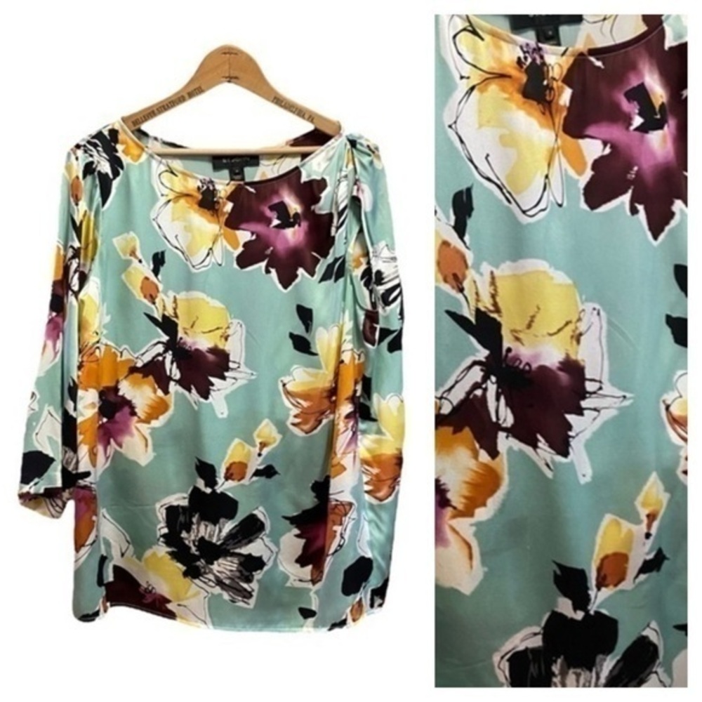 St. John Silk Blue Yellow Purple Floral Print Draped Open Shoulder Blouse Top M